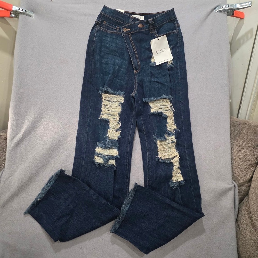 AP Blue Distressed Crossover Waist Wide Leg Jeans Dark Wash Y2K Shredded Size 9